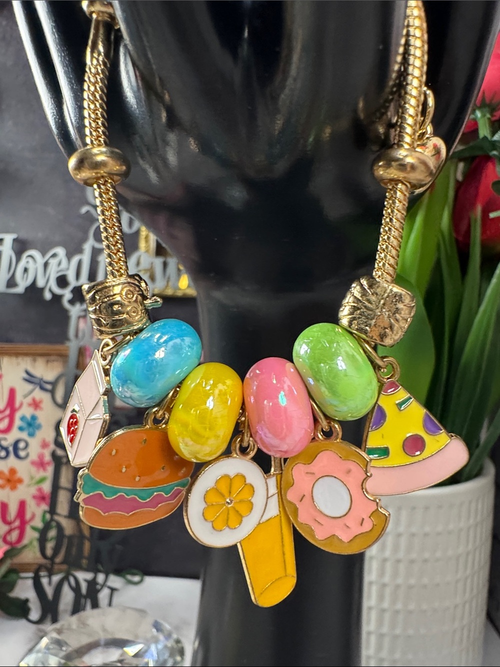 Gold-Tone Colorful Charm Bracelet Necklace with Pastel Beads and Food Charms